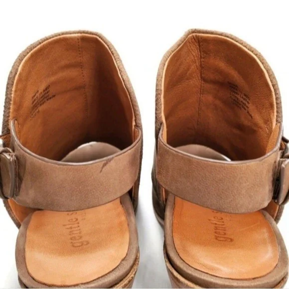 Gentle Souls Tan Nubuck Leather Open-Toe Sling-Back Stacked Heel Shootie Sandals - Picture 11 of 16